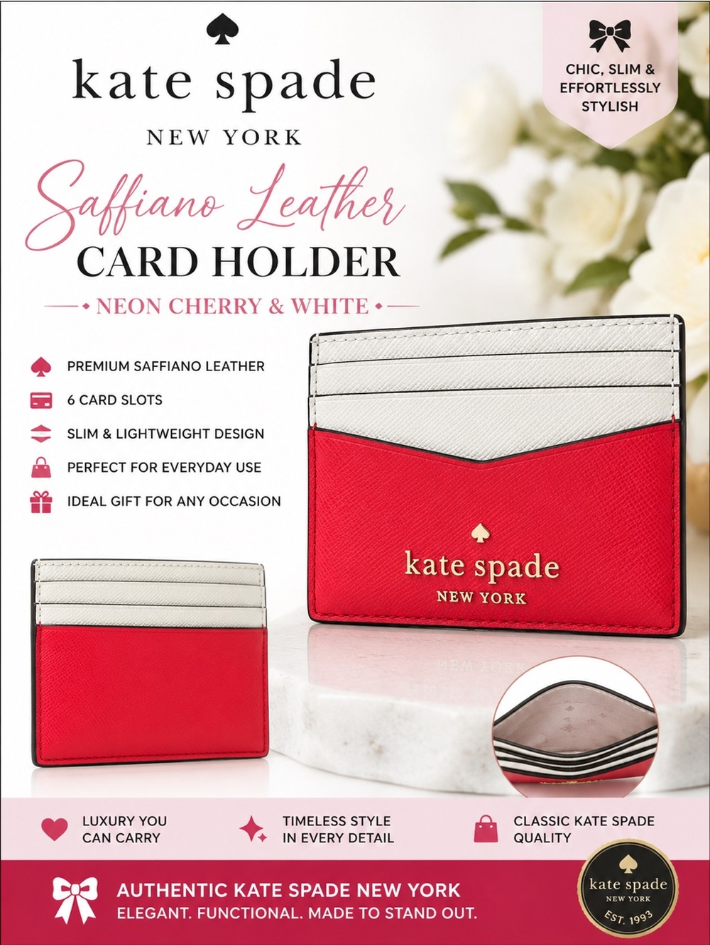 Kate Spade Saffiano Leather Card Holder in Neon Cherry and White